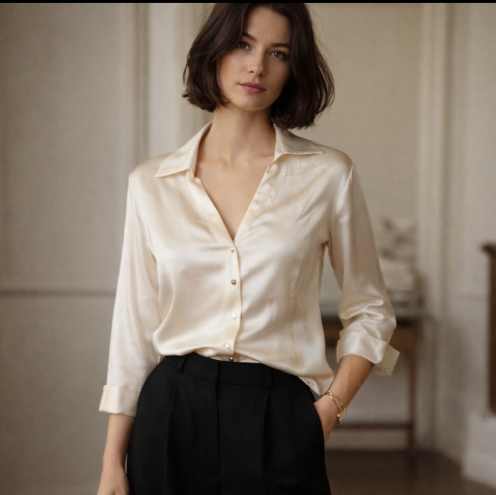 Laundry By Shelli Segal Cream Satin Button-Down Blouse